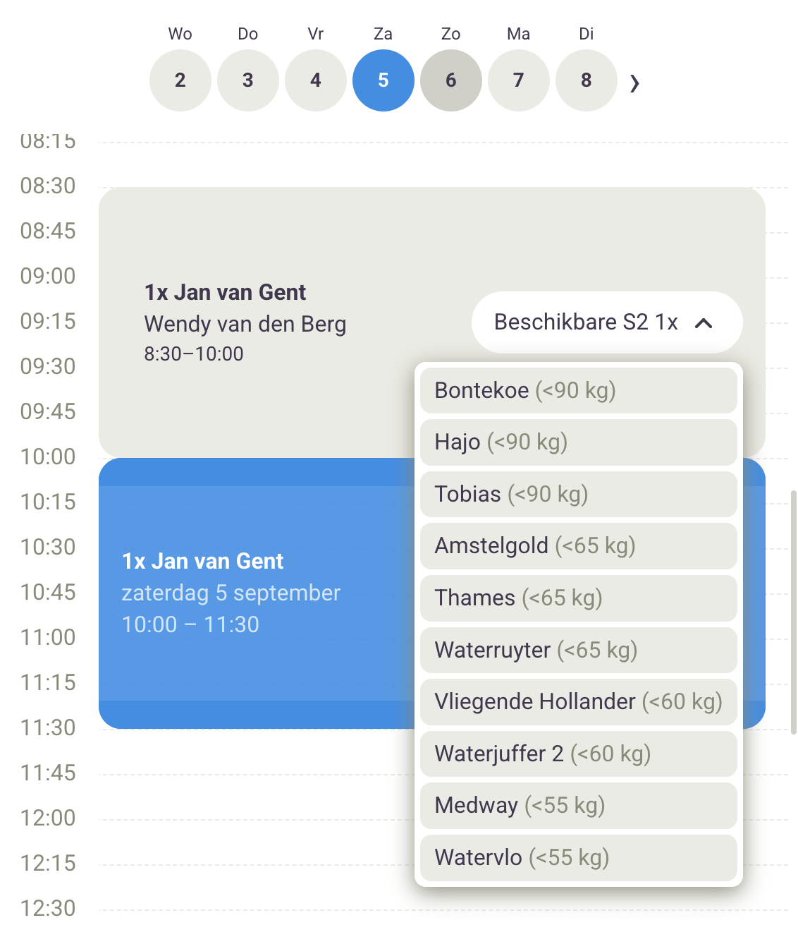 Lijst met beschikbare boten voor een bezet tijdslot